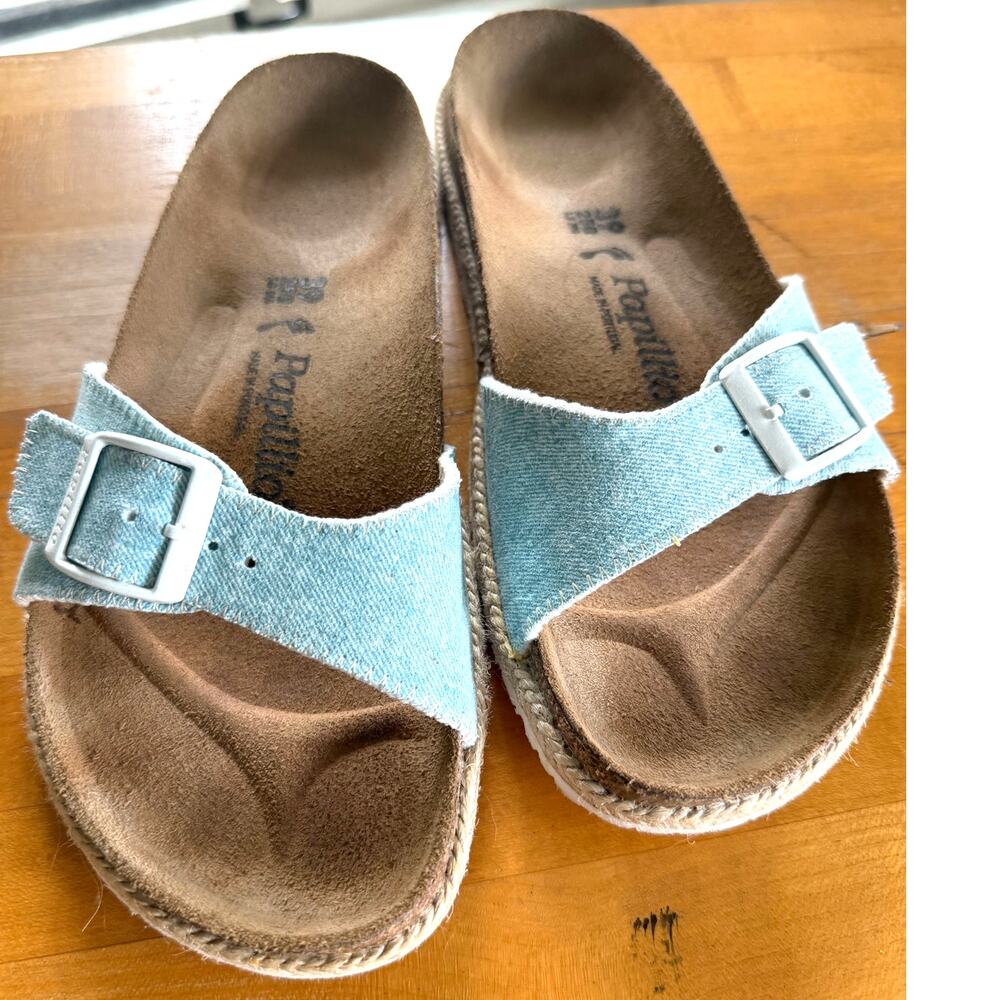 Birkenstock Papillio Madrid Single Strap Light Blue Denim Chambray Jute Trim 39